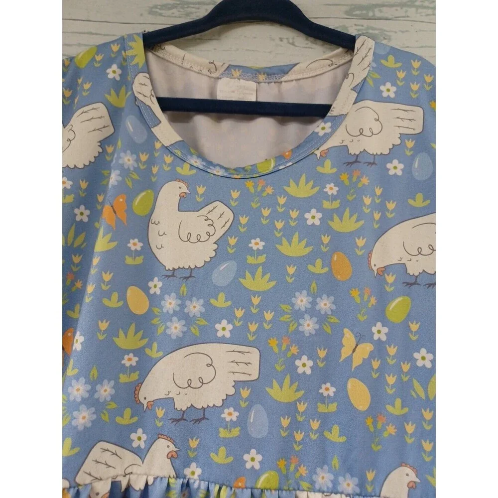 Girl Dress with Hens Eggs Chicken Butterflies Blue 6X